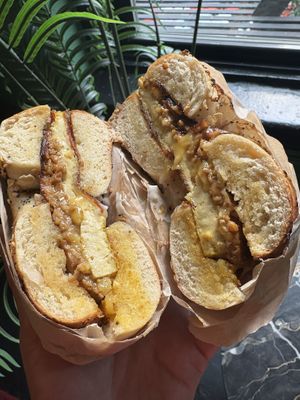 The Bowery on an everything bagel  at Orchard Grocer in New York City