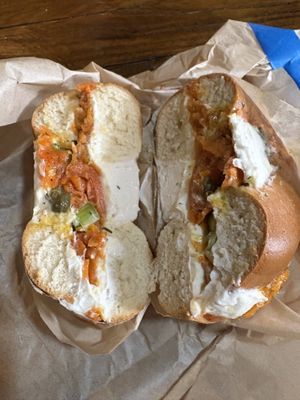 The Edith on a plain bagel  at Orchard Grocer in New York City