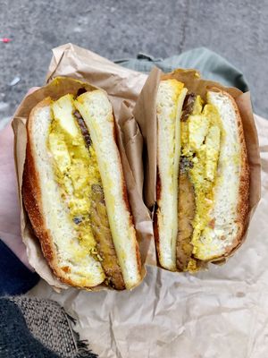 'The Bowery' - tofu egg, violife provolone, tempeh bacon, spicy mayo on an amazing bun at Orchard Grocer in New York City