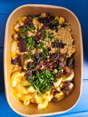 Mac & Cheese with tempeh bacon, walnut parm,   and chives at Orchard Grocer in New York City