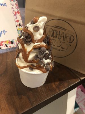 Vanilla soft serve with caramel sauce and chocolate chips  at Orchard Grocer in New York City