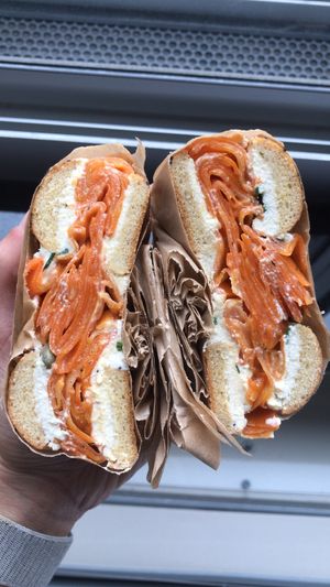 The Edith (gluten-free everything bagel, house-made cashew cream cheese, carrot lox, capers, chives) at Orchard Grocer in New York City