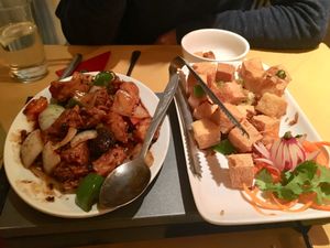 Vegan Mock Chicken in Black Bean Sauce, & Salt and Pepper Tofu   at Singapore Restaurant - Friar St in Worcester