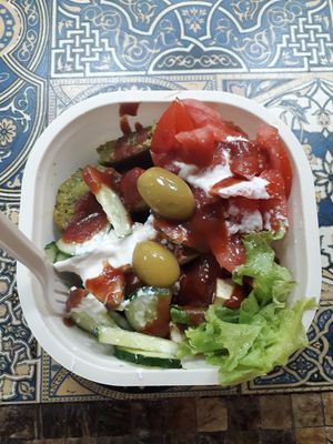 Vegan protein bowl (including tofu, saitan, falafel, soy sausage) at Anahata Fine Food in Kyiv