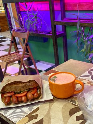 Big hot dog (seitan) with in-house vegan mayo and berry lemonade!  at Anahata Fine Food in Kyiv