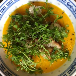 Pumpkin soup with herbal bread and watercress at Mineral in Malmo