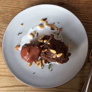 Baked pear with chocolate mousse. Yum! at Mineral in Malmo