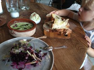 Soup, beetroot tatar, bread and garlic spread at Mineral in Malmo