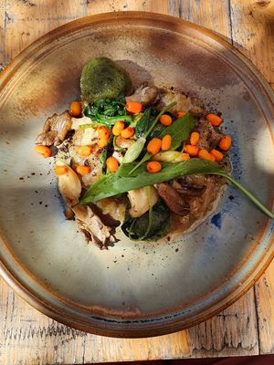 Garden dumplings with ramson, sea buckthorn and oyster mushrooms at Mineral in Malmo