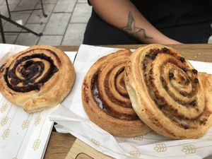Three sweet “snails” pastries: chocolate, cinnamon and zserbo    at Fill Good in Budapest