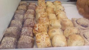 Pogácsa - purple cabbage-walnut, smoked, potatoes-pumpkin seeds. at Fill Good in Budapest