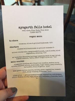 Vegan menu at the pub at Aysgarth Falls Hotel Pub in Aysgarth