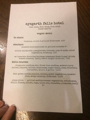 vegan menu at Aysgarth Falls Hotel Pub in Aysgarth
