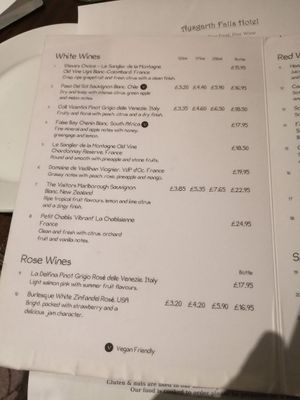 Wine menu - vegan friendly marked at Aysgarth Falls Hotel Pub in Aysgarth
