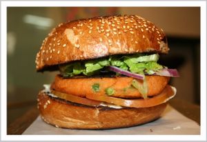 homemade vegan sweet potato burger at Veggies Bar in Jerusalem