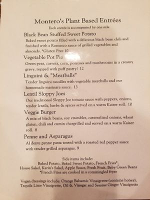 the vegan menu  at Montero's Restaurant & Bar in Elizabeth City