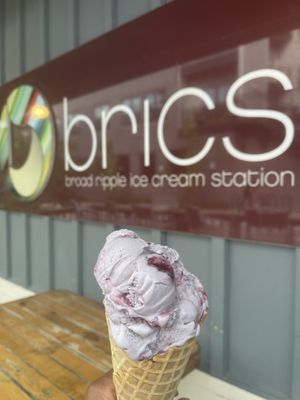 Blackberry on waffle cone (employees stated this cone is vegan). Blackberry was delicious !  at BRICS in Indianapolis