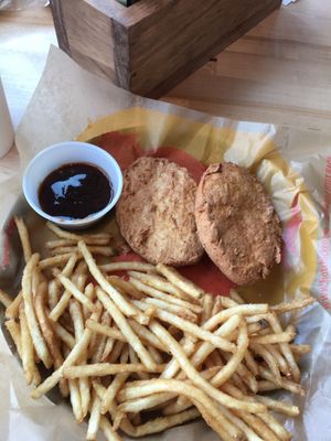 Vegan Chicken with Fries, barbeque sauce, and Lemonade at Joella's in Indianapolis