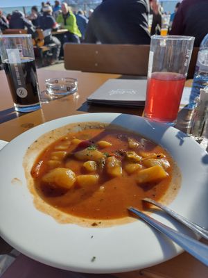 Vegan potato gullash soup at Bergrestaurant Seekopf in Zuers Am Arlberg