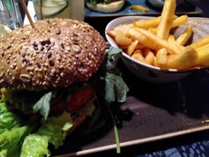 Crispy chicken like burger with fries at Peter Pane in Flensburg
