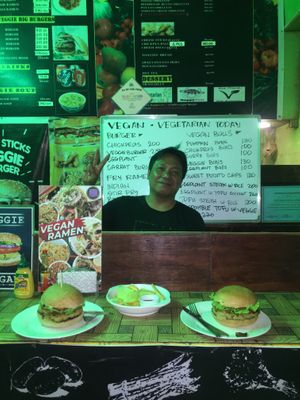 Eggplant burger and sweet potato chips  at Seed Dreams in El Nido