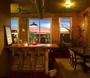 beautiful sunset out the back windows of the studio at Global Breath Studio in Durham