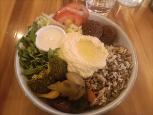 Umi Bowl with rice and lentils, falafel and tahini at Umi Falafel in Cork