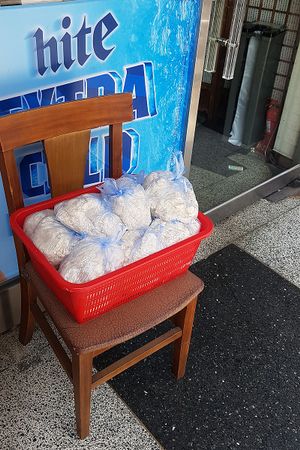 Soy bean residue from tofu production (biji 비지) available outside the restaurant at Baengnyeonok - 백년옥 in Seoul