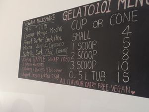 Menu board  at Gelato 101 Vegan Artisan in Northbridge