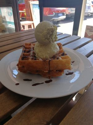 Waffles with pistachio and banana icecrem at Gelato 101 Vegan Artisan in Northbridge
