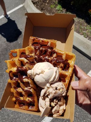 Snickers and Tiramisu vegan ice cream and vegan waffle at Gelato 101 Vegan Artisan in Northbridge