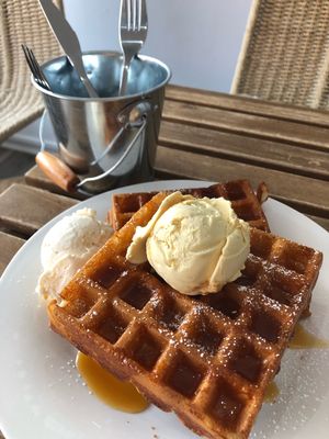 Waffle, burned caramel and white chocolate+pb ice cream with caramel sauce at Gelato 101 Vegan Artisan in Northbridge