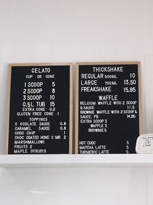 Menu and price  at Gelato 101 Vegan Artisan in Northbridge