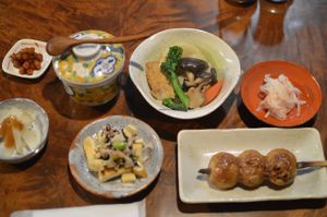 Dinner - walnit mochi, salads and stewed tofu/vegetables at Koshinzuka in Nagano