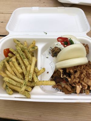 Bento Box Kimchi & Fried F'sh Buns with chips at Eat Chay in London