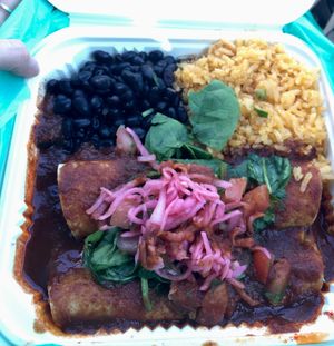 Vegan enchilada (corn/poblano) plate to go.  at Tamaliza in Sedona