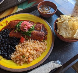 Vegan enchiladas with chips & salda at Tamaliza in Sedona