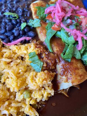 Vegan enchiladas with Spanish rice and black beans at Tamaliza in Sedona