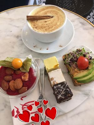 Brunch Menu platter and Golden Mylk  at Oslo Raw - Adamstuen Torg in Oslo