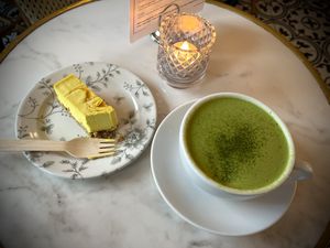 Mango passion cheesecake & almond matcha  at Oslo Raw - Adamstuen Torg in Oslo