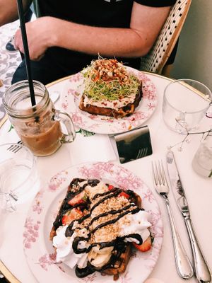 Sweet waffle, sour waffle and iced hazelnut chocolate latte at Oslo Raw - Adamstuen Torg in Oslo