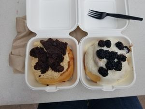 peanut butter with brownies, banana with blackberries.  at Cinnaholic in Meridian