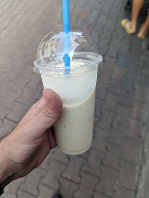 55 baht: banana, coconut and peanut butter at Khun Kae's Juice Bar in Chiang Mai