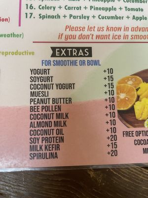 Plant based costs more. Bee pollen on menu  at Khun Kae's Juice Bar in Chiang Mai