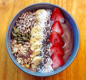 Chocolate smoothie bowl choice of fruits  at Khun Kae's Juice Bar in Chiang Mai