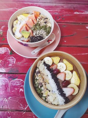Gorgeous chocolate smoothie bowls! at Khun Kae's Juice Bar in Chiang Mai