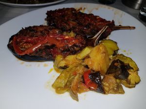 Eggplant stuffed with onions at Meteora in Kalampaka