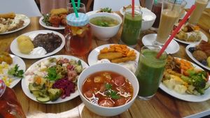 Vegan and gluten-free lunch. Soup, smoothies, mango lassi,  sushi, ice-coffee, wok-vegetables, Stuffed Cabbage, Millet cottage cheese dumplings with vanilla sauce, fried cheese, French salad, Grilled asparagus, steamed vegetables, Rice with corn, lemonade ...etc at 827 Speciality Kitchen - Zsilip in Budapest