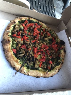 Vegan pesto eggplant pepper   at Pazzo Wood Fired Pizza in Wading River