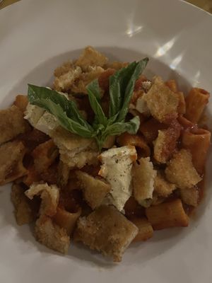 Vegan pasta alla Norma (requested breaded eggplant) still all vegan!  at Pazzo Wood Fired Pizza in Wading River